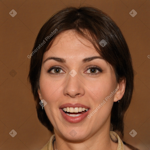 Joyful white adult female with medium  brown hair and brown eyes