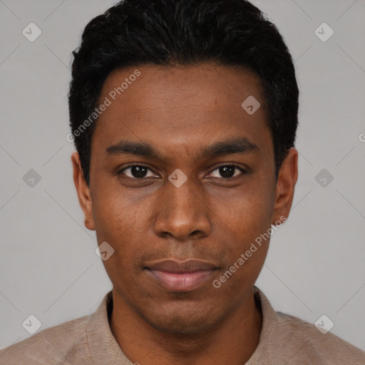 Neutral black young-adult male with short  black hair and brown eyes