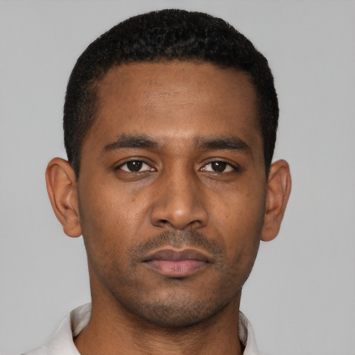 Neutral black young-adult male with short  black hair and brown eyes