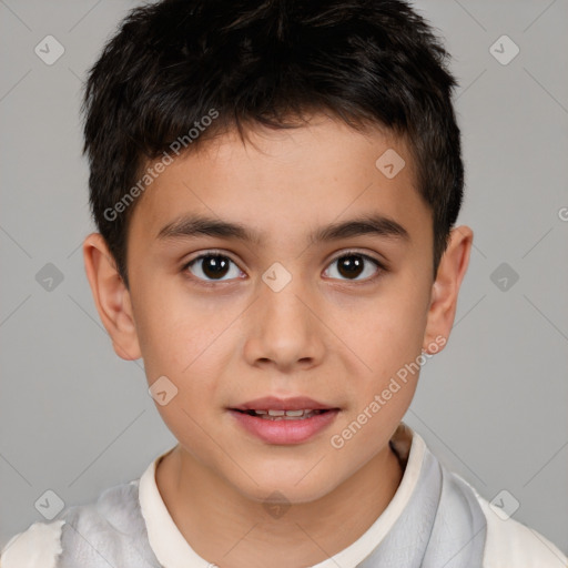 Joyful white child male with short  brown hair and brown eyes