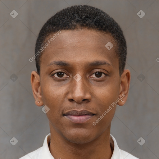 Neutral black young-adult male with short  brown hair and brown eyes