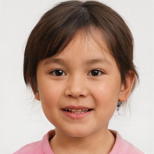 Joyful white child female with medium  brown hair and brown eyes