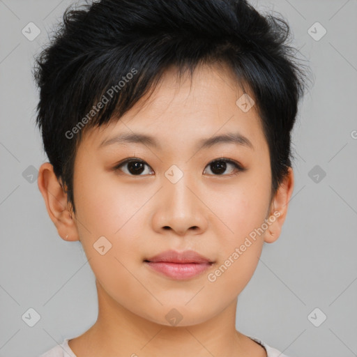 Neutral asian young-adult female with short  brown hair and brown eyes