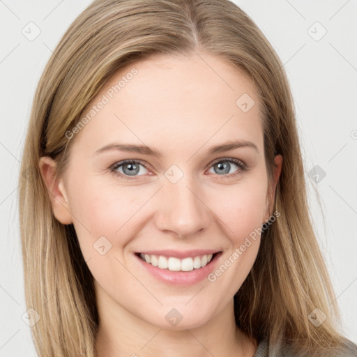 Joyful white young-adult female with long  brown hair and grey eyes