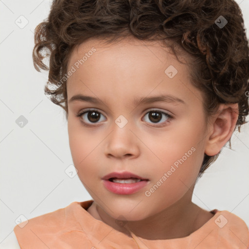 Joyful white child female with short  brown hair and brown eyes