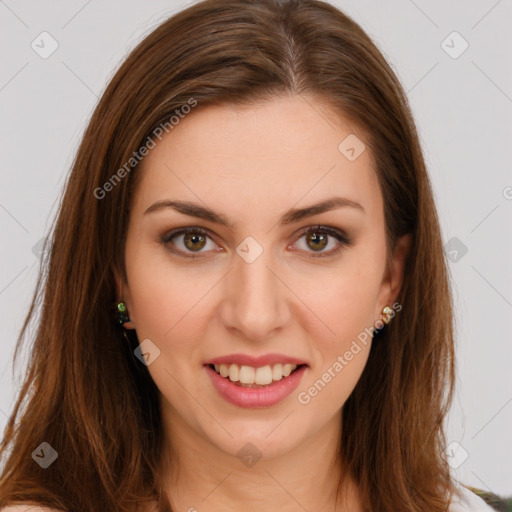 Joyful white young-adult female with long  brown hair and green eyes