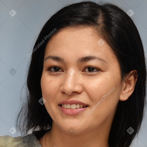 Joyful white young-adult female with medium  brown hair and brown eyes