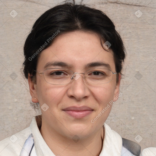 Joyful white adult female with short  brown hair and brown eyes