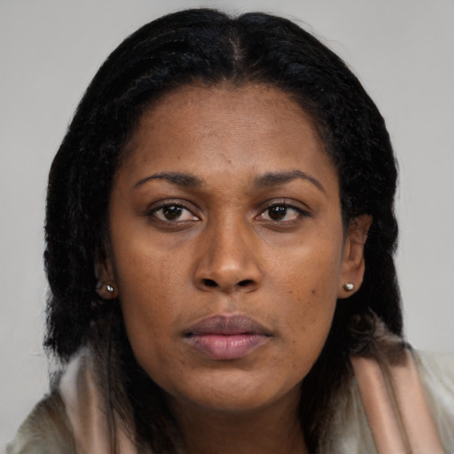 Neutral black young-adult female with long  brown hair and brown eyes
