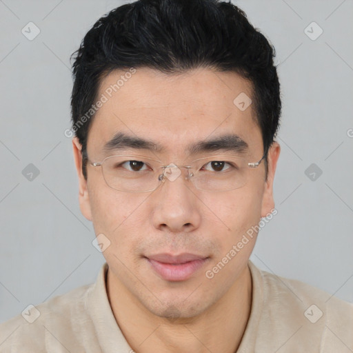 Neutral asian young-adult male with short  black hair and brown eyes