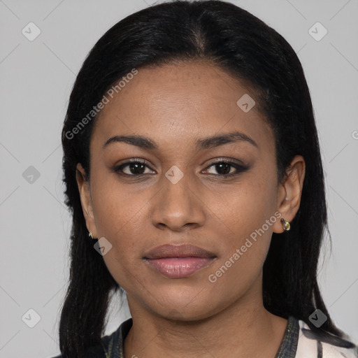 Joyful black young-adult female with medium  black hair and brown eyes