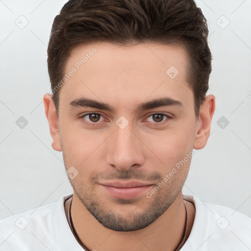 Neutral white young-adult male with short  brown hair and brown eyes