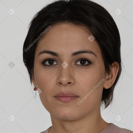 Neutral white young-adult female with medium  brown hair and brown eyes