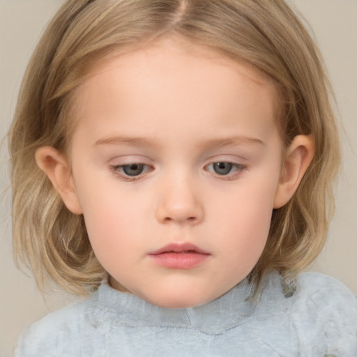 Neutral white child female with medium  brown hair and grey eyes