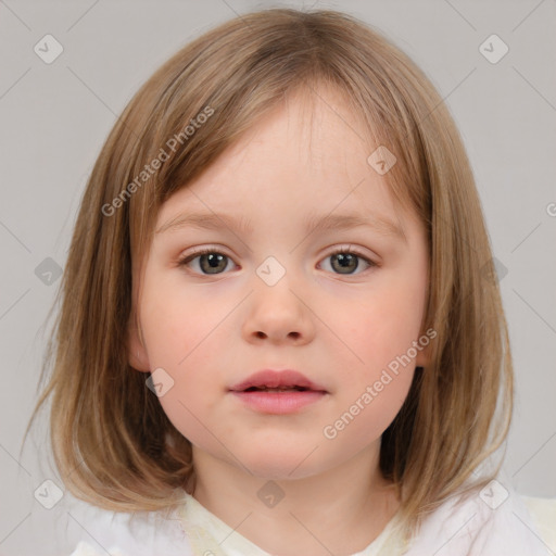 Neutral white child female with medium  brown hair and blue eyes