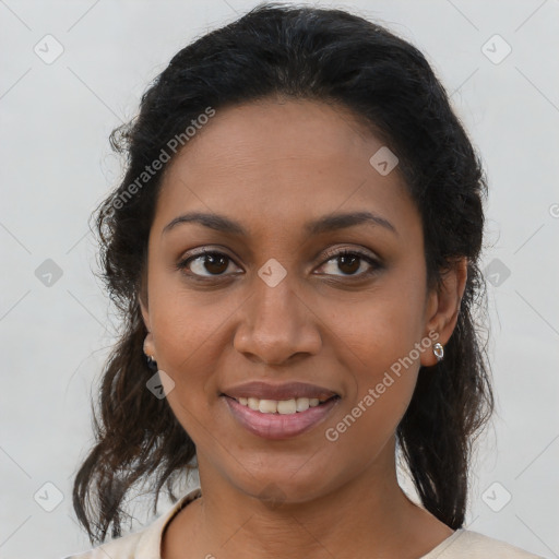 Joyful latino young-adult female with medium  brown hair and brown eyes