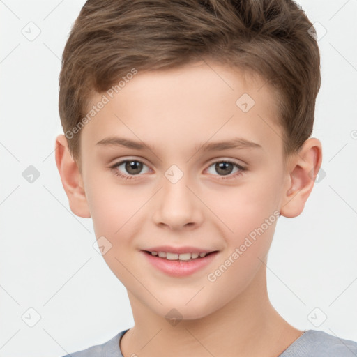 Joyful white child male with short  brown hair and brown eyes