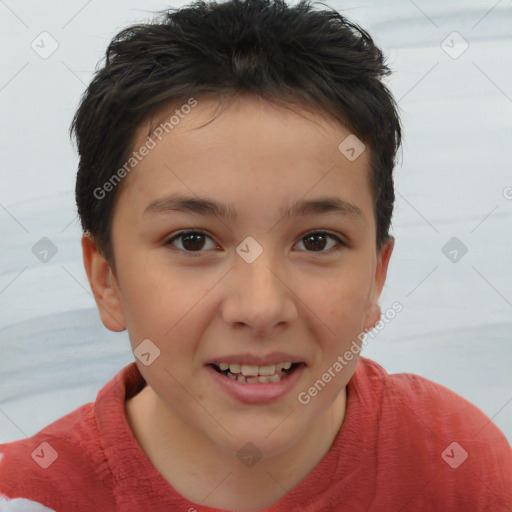 Joyful white child female with short  brown hair and brown eyes