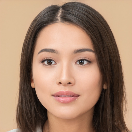 Neutral asian young-adult female with long  brown hair and brown eyes