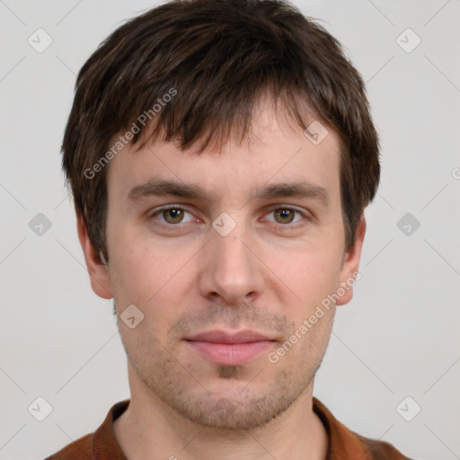 Neutral white young-adult male with short  brown hair and brown eyes