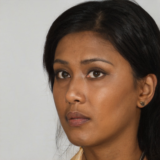 Neutral asian young-adult female with long  black hair and brown eyes