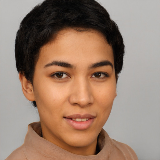 Joyful latino young-adult female with short  brown hair and brown eyes