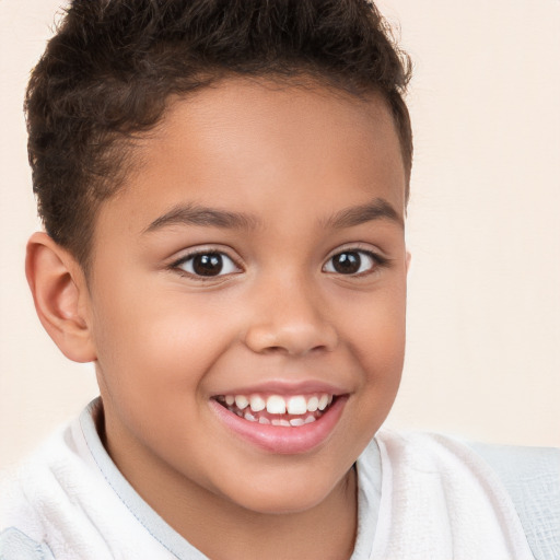 Joyful white child female with short  brown hair and brown eyes