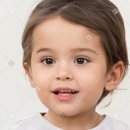 Joyful white child female with medium  brown hair and brown eyes