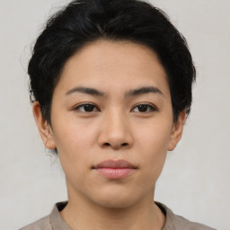 Neutral asian young-adult female with short  brown hair and brown eyes