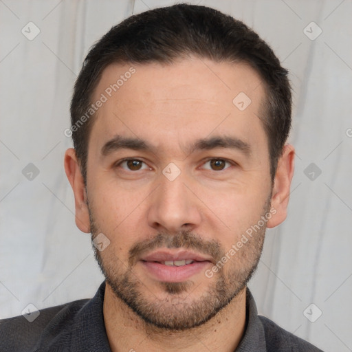 Neutral white young-adult male with short  brown hair and brown eyes