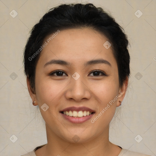 Joyful asian young-adult female with short  brown hair and brown eyes