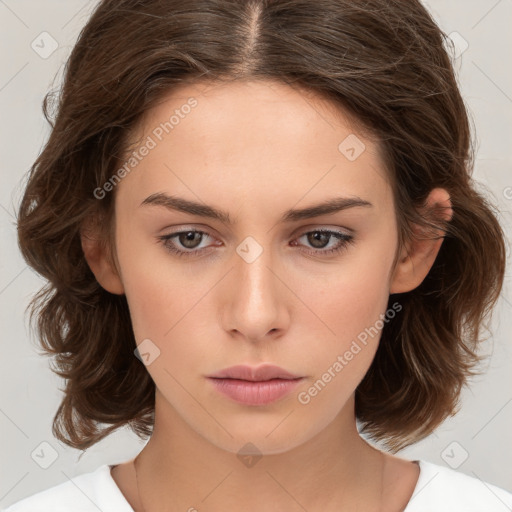 Neutral white young-adult female with medium  brown hair and brown eyes