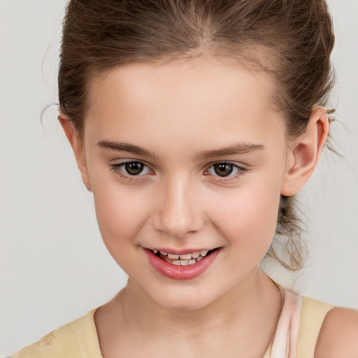 Joyful white child female with medium  brown hair and brown eyes