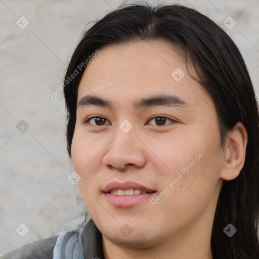 Joyful white young-adult male with medium  brown hair and brown eyes