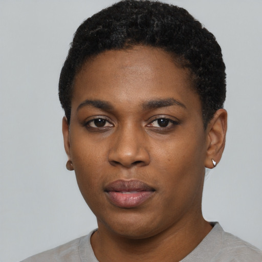 Neutral black young-adult female with short  black hair and brown eyes