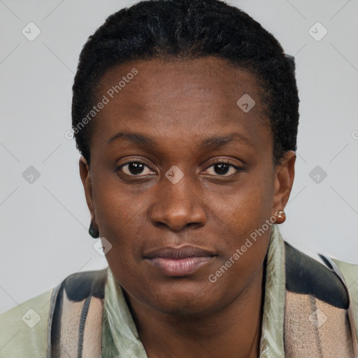 Neutral black young-adult female with short  brown hair and brown eyes