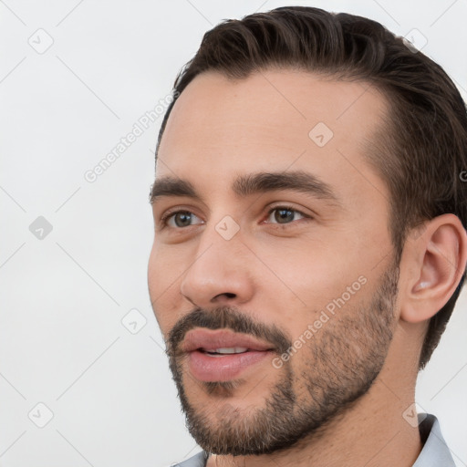 Neutral white young-adult male with short  brown hair and brown eyes