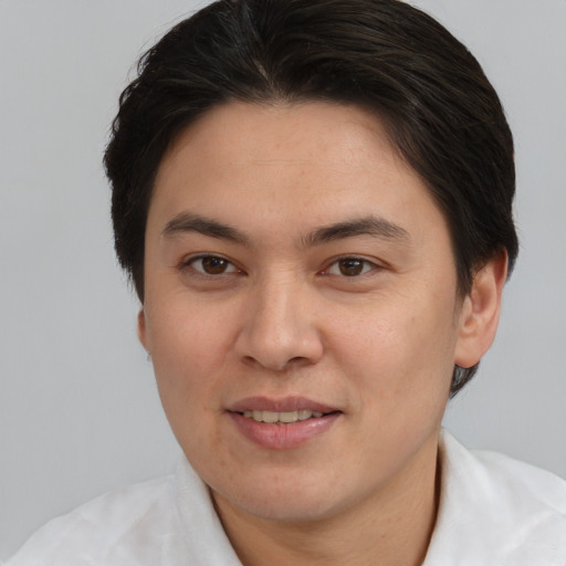 Joyful white young-adult female with short  brown hair and brown eyes