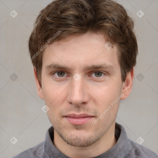 Neutral white young-adult male with short  brown hair and grey eyes