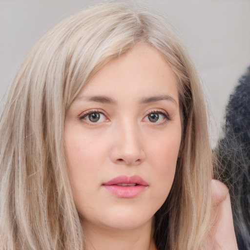 Neutral white young-adult female with long  brown hair and grey eyes