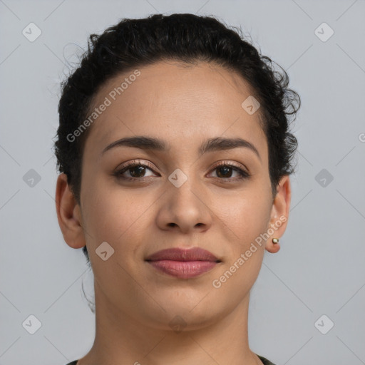 Joyful latino young-adult female with short  brown hair and brown eyes