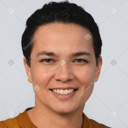 Joyful white young-adult male with short  black hair and brown eyes