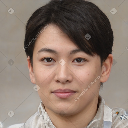 Joyful asian young-adult female with short  brown hair and brown eyes