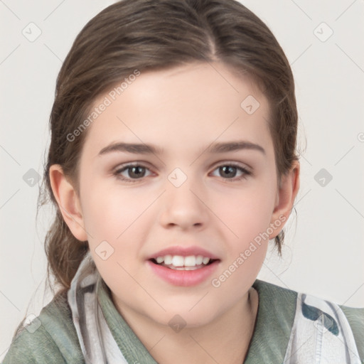 Joyful white child female with medium  brown hair and brown eyes