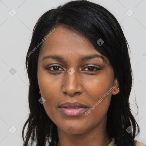 Joyful asian young-adult female with long  black hair and brown eyes