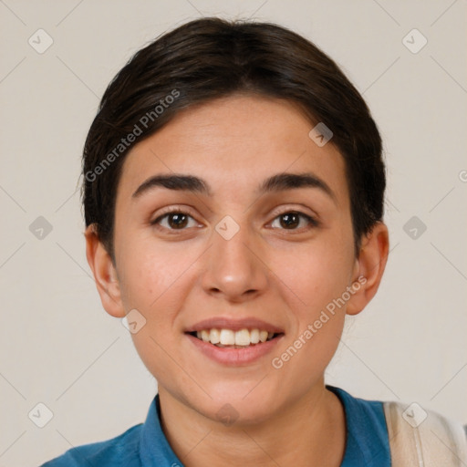 Joyful white young-adult female with short  brown hair and brown eyes