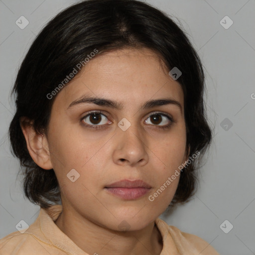 Neutral white young-adult female with medium  brown hair and brown eyes