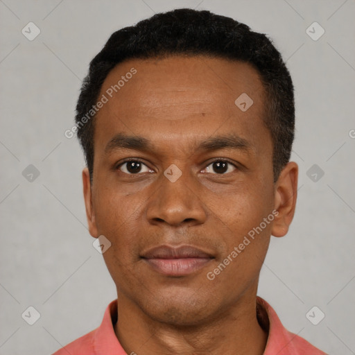 Neutral black young-adult male with short  black hair and brown eyes