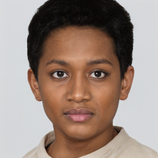Neutral black young-adult female with short  black hair and brown eyes
