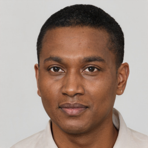 Neutral black young-adult male with short  black hair and brown eyes